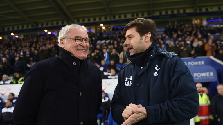 Claudio Ranieri the manager of Leicester City greets Mauricio Pochettino the manager of Spurs