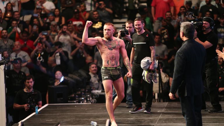 Conor McGregor of Ireland entertains the fans during the UFC 196 Weigh-in at the MGM Grand Garden Arena on March 4, 2016 in Las V