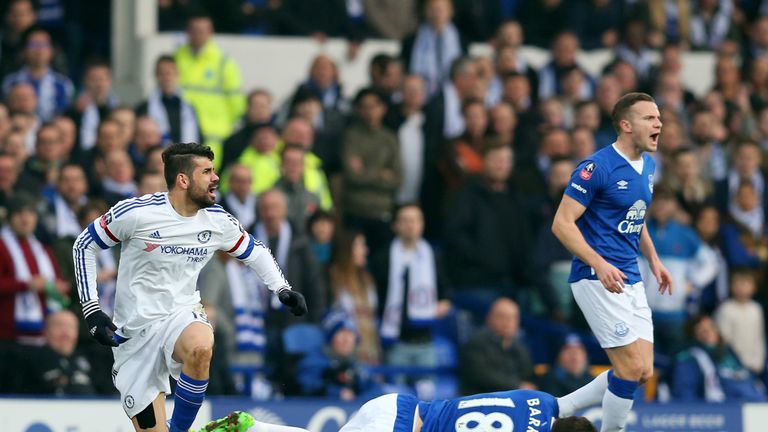 LIVERPOOL, ENGLAND - MARCH 12:  Gareth Barry of Everton lies on the ground after collision with Diego Costa of Chelsea during the Emirates FA Cup sixth rou