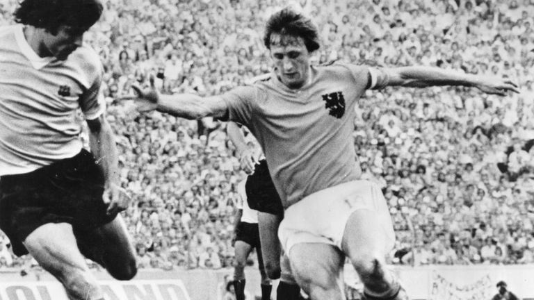 19th July 1974:  Johan Cruyff, Dutch footballer, in action against Uruguay.  (Photo by Keystone/Getty Images)