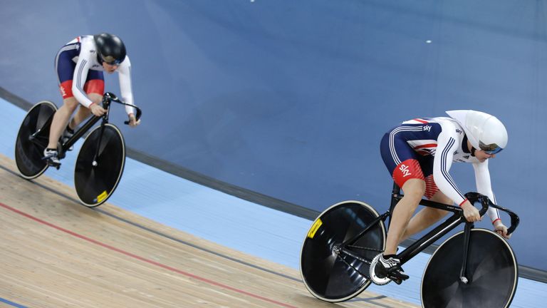 Britain's Jessica Varnish and Katy Marchant competing