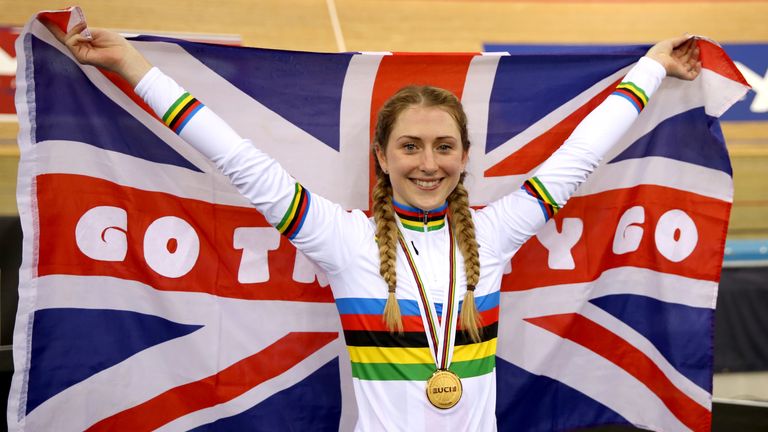 Great Britain's Laura Trott after collecting her gold medal 