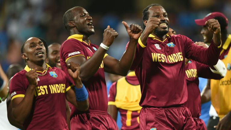 West Indies's captain Darren Sammy Dwayne Bravo and Chris Gayle celebrate 