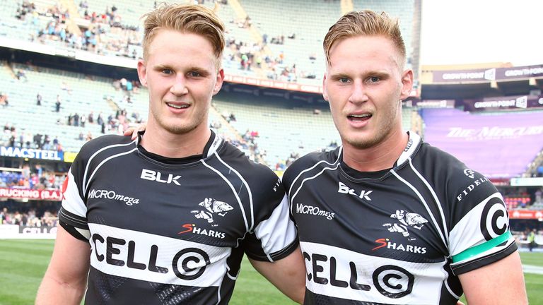 Daniel du Preez of the Cell C Sharks with brother Jean-Luc du Preez of the during the Absa Currie Cup match between Cell C Sharks and Steval Pumas