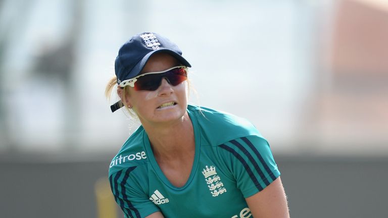 DELHI, INDIA - MARCH 29:  Danielle Wyatt of England fields the ball during a net session at Feroz Shah Kotla Stadium on March 29, 2016 in Delhi, India