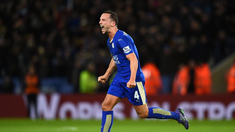 Danny Drinkwater of Leicester City celebrates scoring his team's first goal 