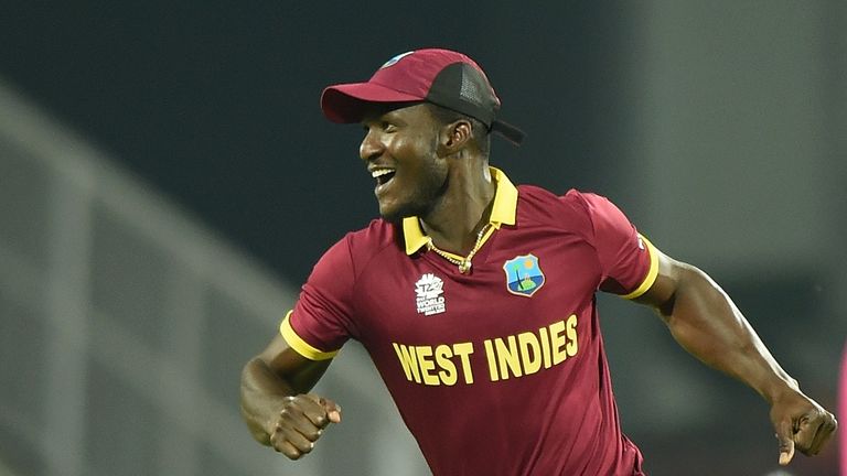 West Indies's captain Darren Sammy celebrates after the wicket of South Africa's batsman Hashim Amla 