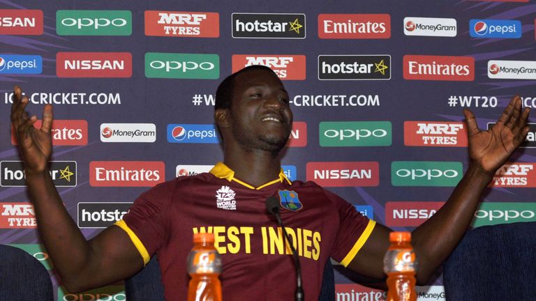West Indies captain Darren Sammy gestures as he addresses media representatives at a  press conference ahead of the ICC World Twenty20 in Kolkata
