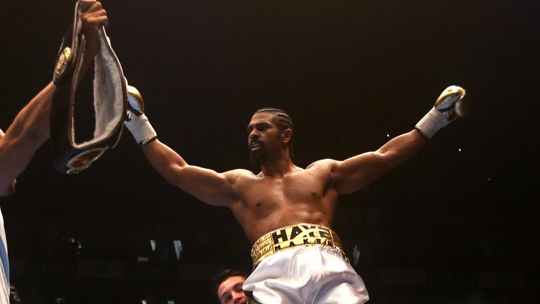 LONDON, ENGLAND - JANUARY 16: David Haye of England celebrates after beating Mark De Mori of Australia during their International heavyweight contest at Th