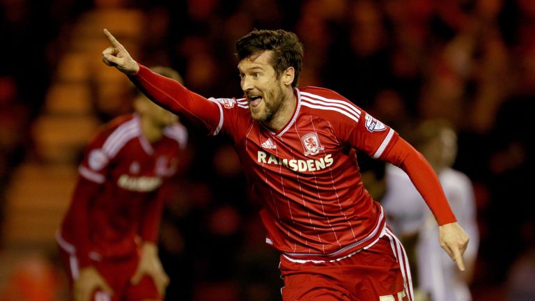 Middlesbrough's David Nugent celebrates scoring his side's first goal of the game during the Sky Bet Championship match at the Riverside Stadium, Middlesbr