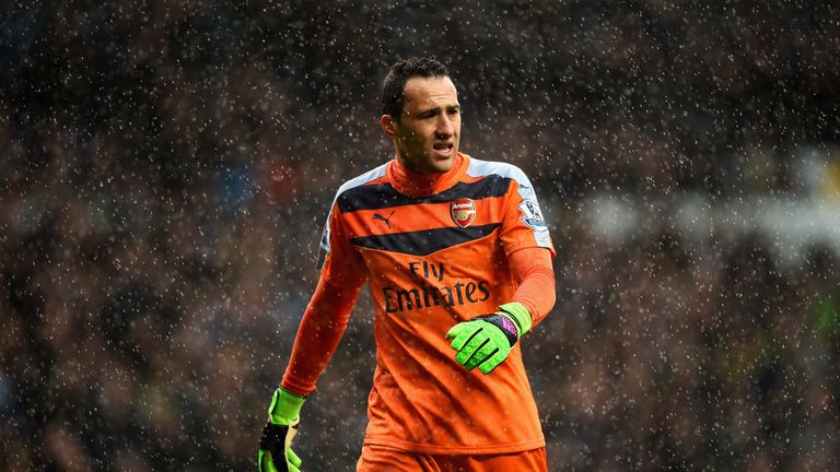 LONDON, ENGLAND - MARCH 05: David Ospina of Arsenal looks on in the rain during the Barclays Premier League match between Tottenham Hotspur and Arsenal at 