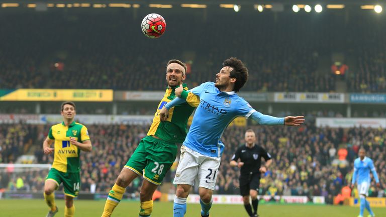 David Silva of Manchester City and Gary O'Neil of Norwich City compete for the ball