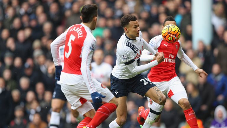 Dele Alli takes on Gabriel Paulista, Tottenham v Arsenal, Premier League