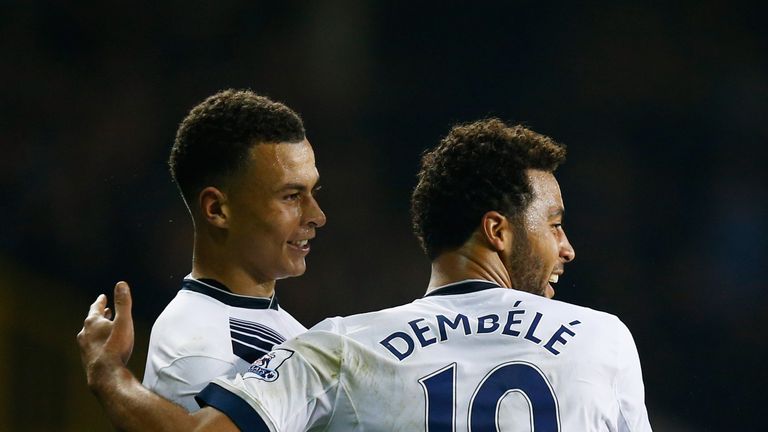 LONDON, ENGLAND - NOVEMBER 02:  Dele Alli of Tottenham Hotspur (L) celebrates with Mousa Dembele (19) as he scores their second goal during the Barclays Pr
