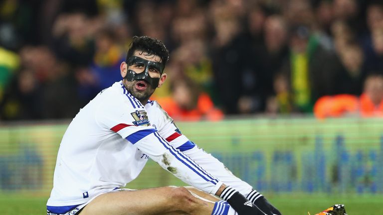 NORWICH, ENGLAND - MARCH 01: Diego Costa of Chelsea reacts during the Barclays Premier League match between Norwich City and Chelsea at Carrow Road on Marc