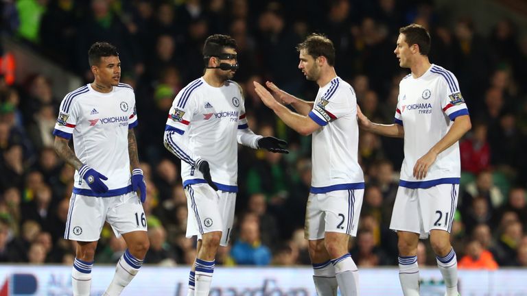 Diego Costa (second left) celebrates with team-mates after doubling Chelsea's lead against Norwich