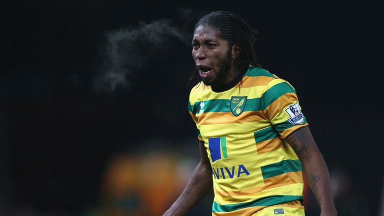 STOKE ON TRENT, ENGLAND - JANUARY 13:  Dieumerci Mbokani of Norwich City in action during the Barclays Premier League match between Stoke City and Norwich 