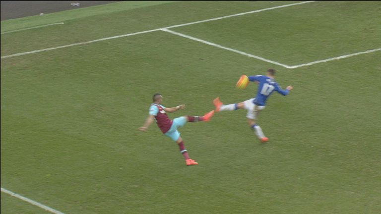 Mohamed Besic blocks Dimitri Payet's shot with his hand, but did he enough time to bring it back down?