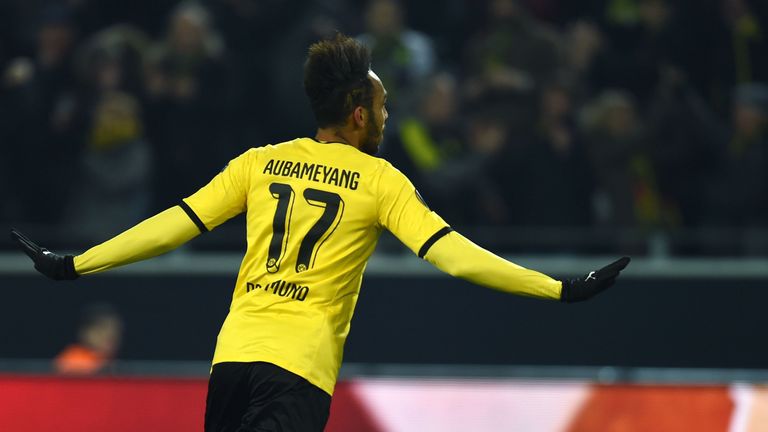 Dortmund's Gabonese striker Pierre-Emerick Aubameyang celebrates scoring during the UEFA Europe League Round of 16 first leg football match b