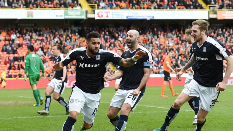 Dundee's Kane Hemmings celebrates having opened the scoring 