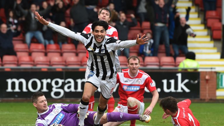 Dunfermline Athletic's Faissal El Bakhtaoui celebrates the first of his three goals which clinched the League One title