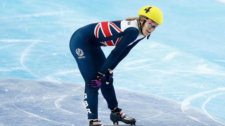 Elise Christie of Great Britain celebrates winning gold in the Womens 500m Final during ISU Short Track Speed Skating World Cup