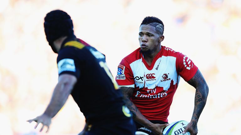 Elton Jantjies of the Lions looks to pass the ball during the round two Super Rugby match between the Chiefs and the Lions at FMG Stadium