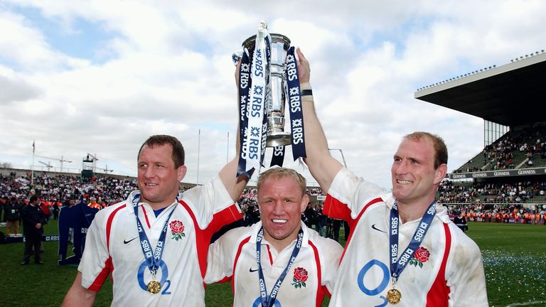 Richard Hill, Neil Back and Lawrence Dallaglio celebrate England's 2003 Grand Slam