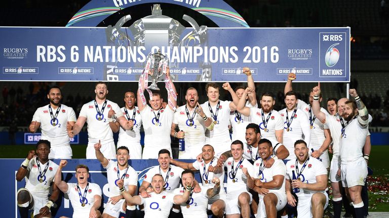 England celebrate their Six Nations success as Dylan Hartley lifts the trophy