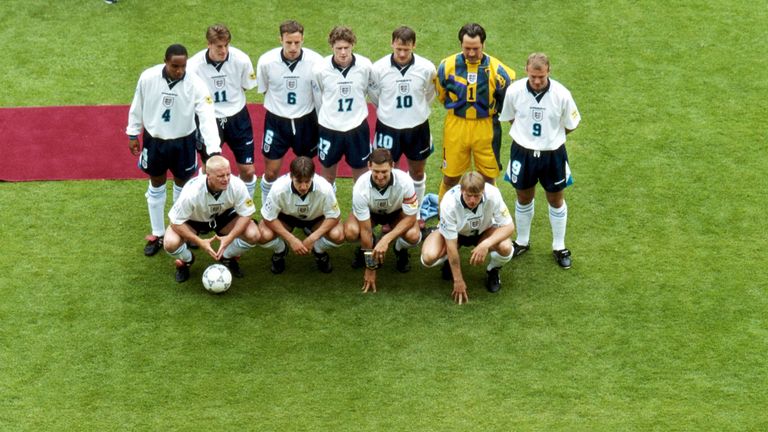 The England team pose for a picture before the opening match of the 1996 European Championships against Switzerland at Wembley Stadium on June 8, 1996