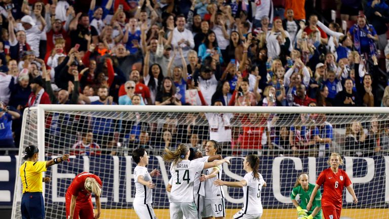 The United States celebrate their goal against England during the second half of the 2016 SheBelieves Cup soccer match on March 3, 2016