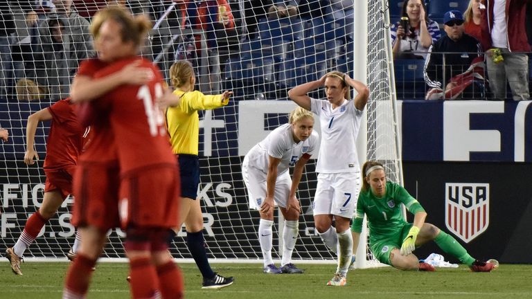  England reacts after a goal by Germany that went off the foot of teammate Gilly Flaherty during the second half