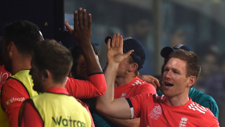 England's captain Eoin Morgan celebrates after victory