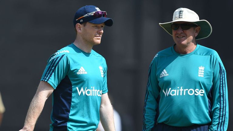England captain Eoin Morgan and coach Trevor Bayliss talk in nets during a training session for the ongoing World Twenty20 