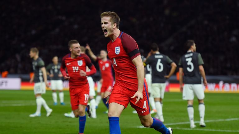 Eric Dier of England celebrates scoring his team's third goal 