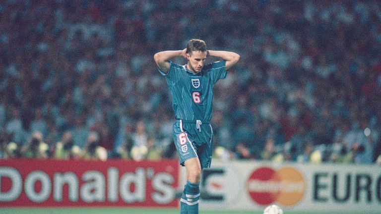 England player Gareth Southgate reacts after missing his penalty, during the European Championship Finals semi-final match between England and Germany.
