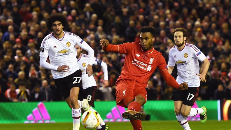 Daniel Sturridge scores from the penalty spot against Man United in the Europa League
