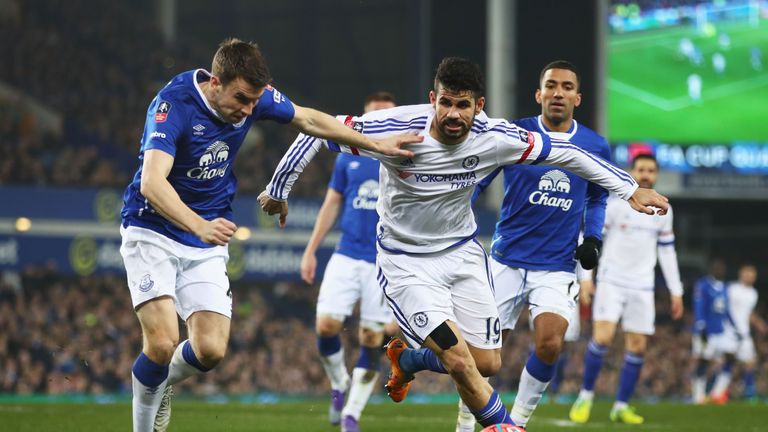 Costa and Seamus Coleman  compete for the ball