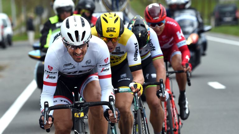 (l-r) Fabian Cancellara, Sep Vanmarcke, Peter Sagan and Vyacheslav Kuznetsov escaped at Gent-Wevelgem