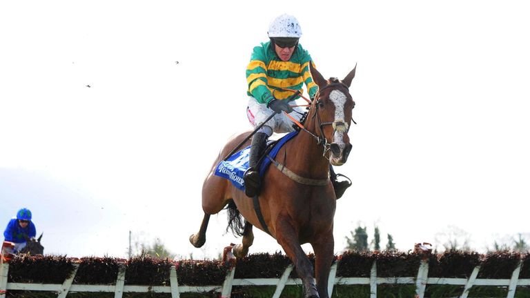 Jer's Girl, ridden by Barry Geraghty, jumps the last to win the Irish Stallion Farms EBF Mares Novice Hurdle Championship Final at Fairyhouse