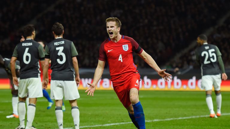Eric Dier of England celebrates scoring his team's third goal against Germany