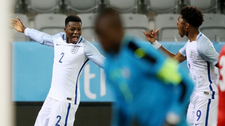 Chuba Akpom of England U21 (R) celebrates with teammate Dominic Iorfa