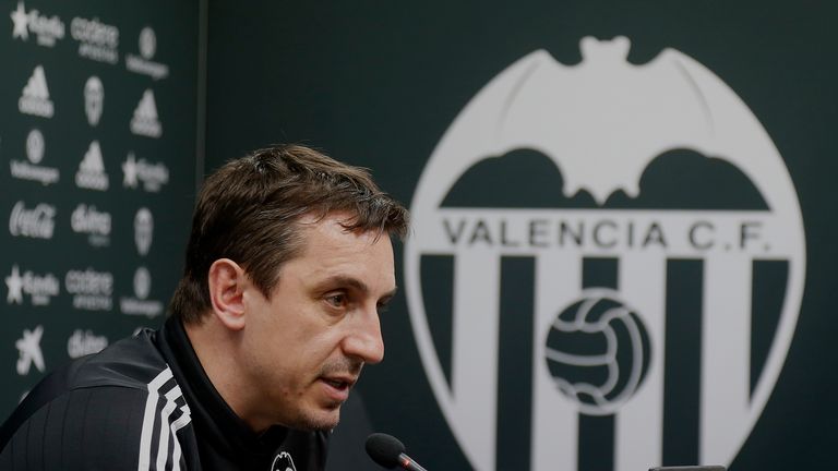 Gary Neville manager of Valencia CF faces the media during a press conference