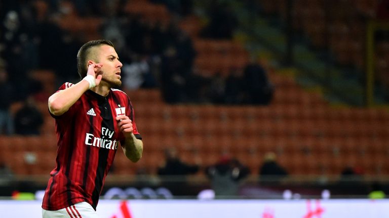 AC Milan's midfielder Jeremy Menez celebrates after scoring during the Serie A match