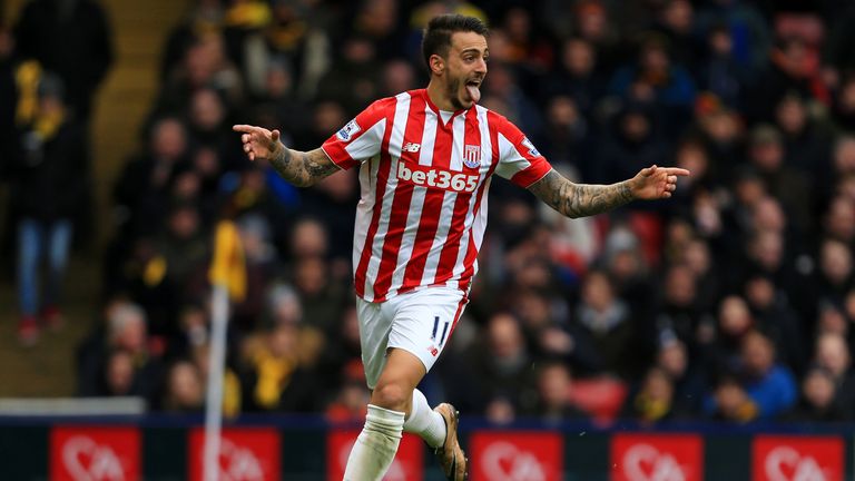 Joselu of Stoke City celebrates scoring at Watford