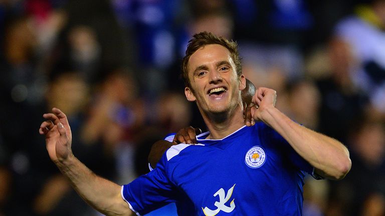 Andy King of Leicester celebrates scoring in the Championship