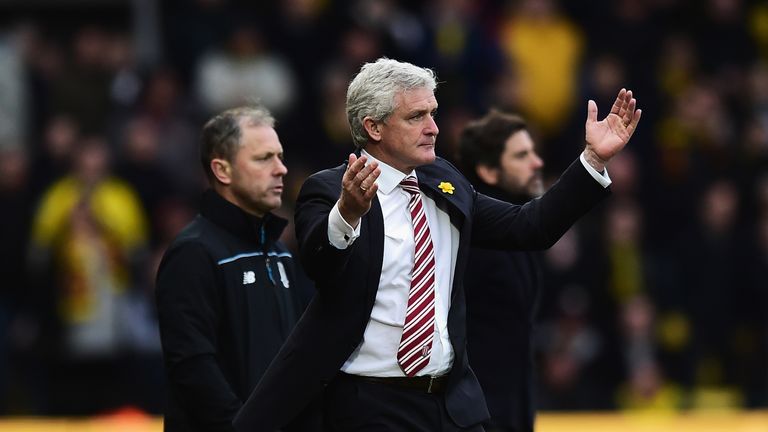 Mark Hughes gestures  during the Premier League match between Watford and Stoke City