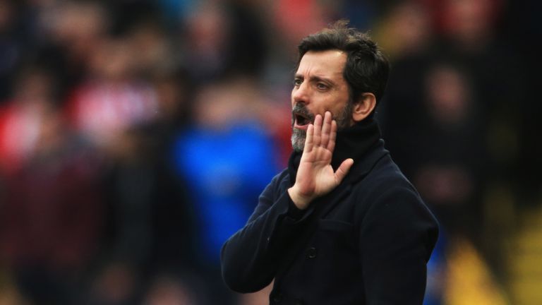 Quique Sanchez Flores gestures during the match between Watford and Stoke City at Vicarage Road