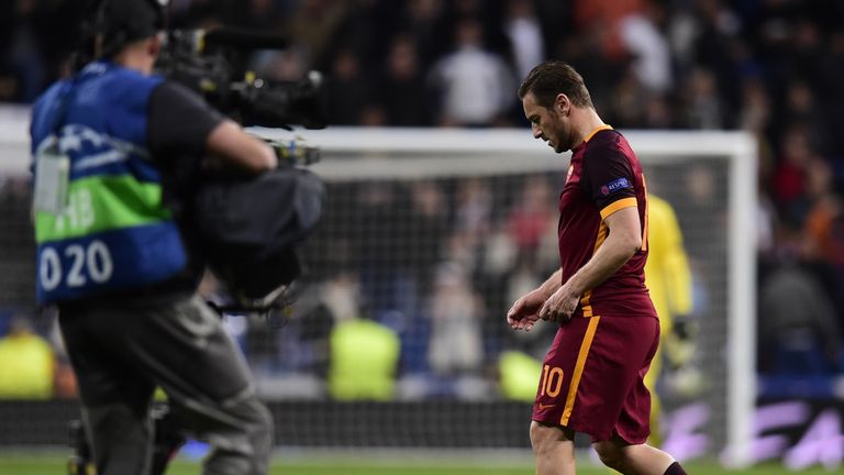 Francesco Totti walks across the field after the Champions League match Real Madrid FC vs AS Roma at the Santiago Bernabeu stadium in Madrid on March 8