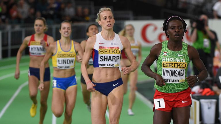 Burundi's Francin Niyonsaba (R) and Great Britain's Lynsey Sharp compete in the 800m at the IAAF World Indoor Championships in Portland